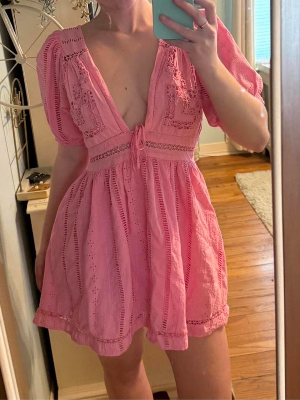 Urban Outfitters Pink eyelet mini dress with tie front